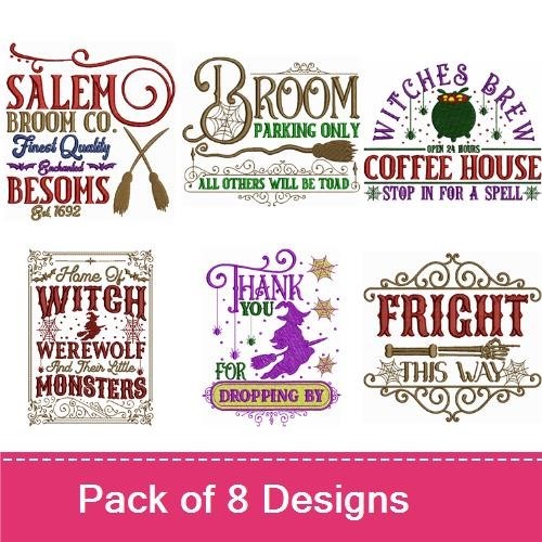 Witchy Halloween Embroidery Designs Bundle – Happy Halloween, Witches Kitchen, Salem Brooch Co. & More (8 Designs)