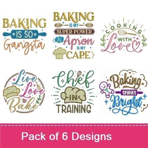 Cooking & Baking Phrases Embroidery Designs Bundle – Baking is So Gangsta, Cooking with Love, & More (6 Designs)