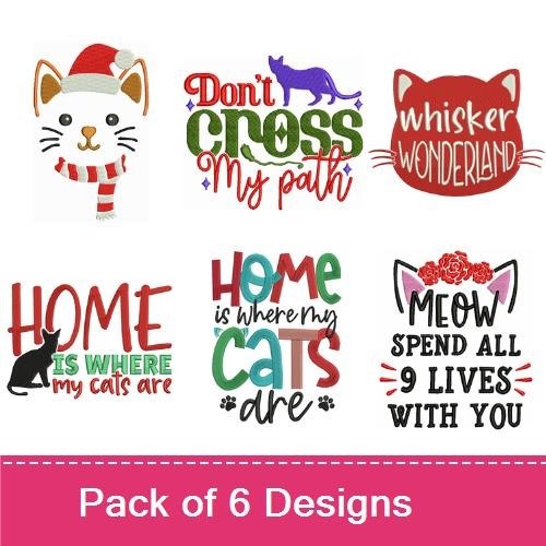 Cat-Themed Holiday Embroidery Designs Bundle – Cat with Santa Hat, Whisker Wonderland, Home is Where My Cats Are & More (6 Designs)