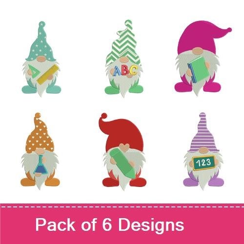 Applique Back to School Gnomes Embroidery Bundle – Green Striped Gnome, Orange Polka Dot Gnome & More (6 Designs)