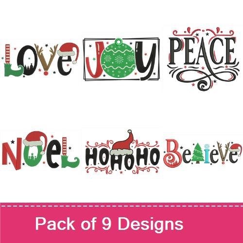 Holiday Word Art Embroidery Designs Bundle – Joy, Love, Peace, & More (9 Designs)