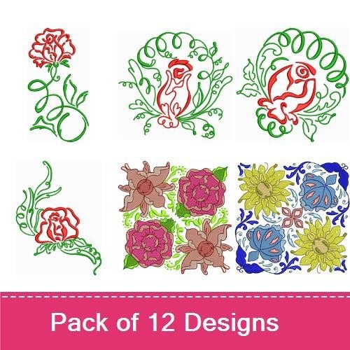 Redwork Elegant Floral Embroidery Designs Bundle – Flower with Scroll, Red Rose, Swirling Floral Design & More (12 Designs)