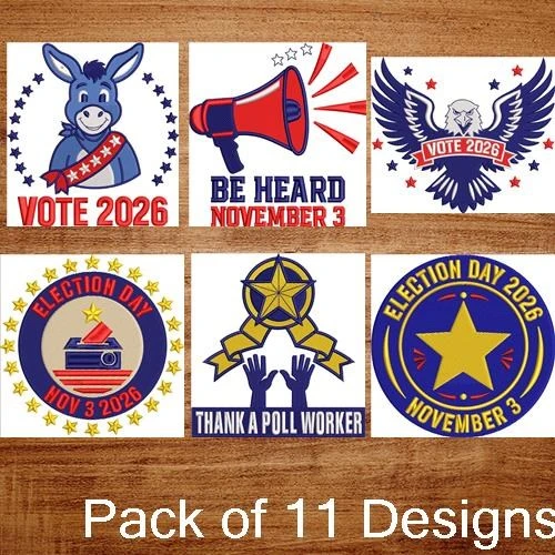 Voting and Election Embroidery Designs Bundle – Your Voice Microphone, Vote with Heart, Vote Elephant & More (11 Designs)
