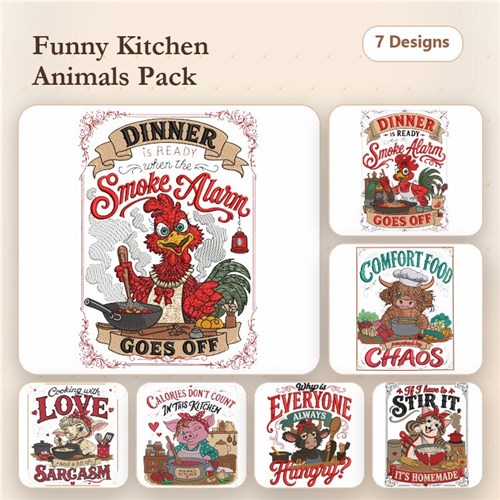 Funny Kitchen Animal Embroidery Designs Bundle – Dinner Smoke Alarm Goes Off, Spoonful of Sarcasm, & More (7 Designs)