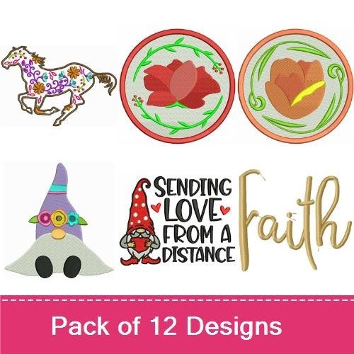 Floral Horse & Gnomes Embroidery Designs Bundle – Gnome with Flowers, Sending Love from a Distance & More (12 Designs)