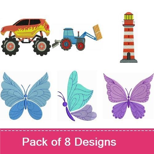 Vehicles & Butterflies Embroidery Designs Bundle – Monster Truck, Race Car, Tractor, & More (8 Designs)
