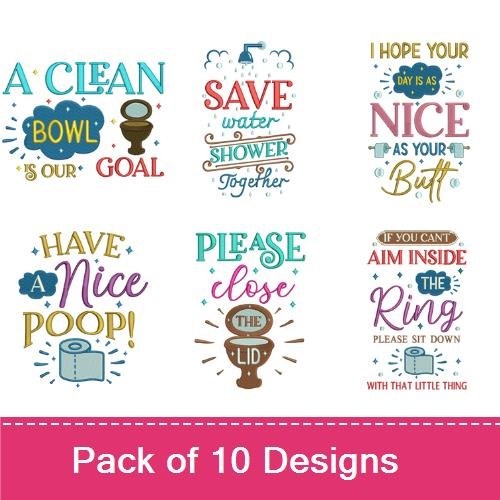Funny Bathroom Quotes Embroidery Designs Bundle – Caution Kids Bathroom, Save Water, Shower Together, & More (10 Designs)
