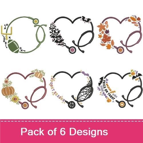 Heart Stethoscope Embroidery Bundle – Heart with Pumpkin and Flowers, Heart Stethoscope with Leaves, & More (6 Designs)