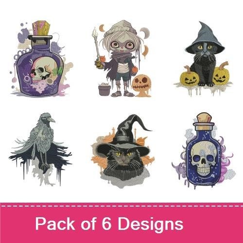 Halloween Characters Embroidery Designs Bundle – Potion Bottle with Skull, Zombie with Pumpkin, Witch with Hat & More (6 Designs)