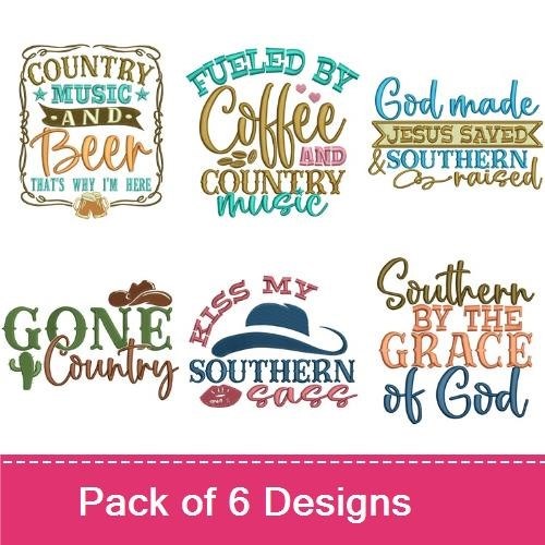 Southern Country Life Sayings Embroidery Designs Bundle – Country Music and Beer, Kiss My Southern Sass & More (6 Designs)
