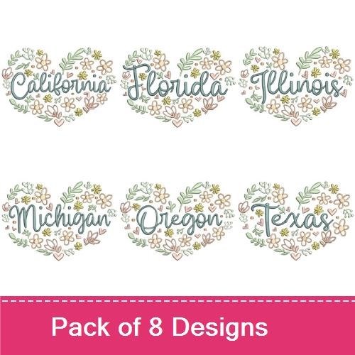 Floral State Hearts Embroidery Designs Bundle – California, Florida, Illinois, Michigan & More (8 Designs)