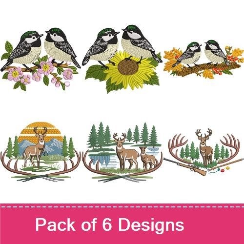 Woodland Wildlife Embroidery Bundle – Chickadees, Deer in Forest, Deer with Antlers & More (6 Designs)