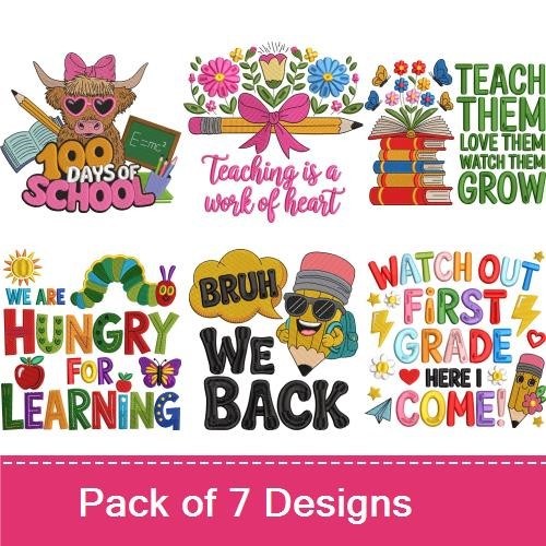 Back to School Embroidery Designs Bundle – Highland Cow with Sunglasses, 100 Days of School, Teacher's Heart & More (7 Designs)