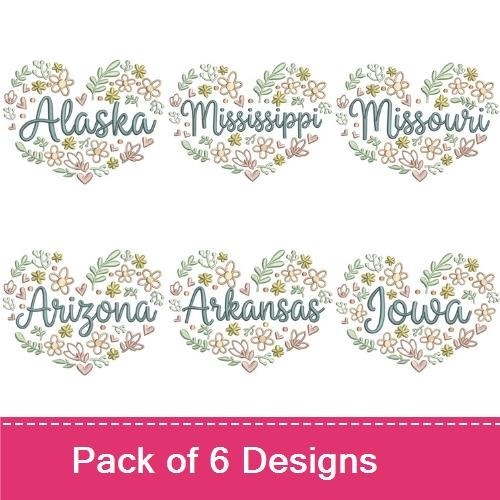Floral Heart State Names Embroidery Designs Bundle – Alaska, Mississippi, Missouri & More (6 Designs)