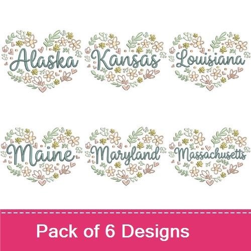 Floral State Names Embroidery Designs Bundle – Alaska, Kansas, Louisiana, Maine & More (6 Designs)