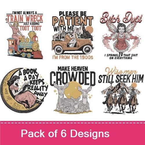 Vintage Whimsical Quotes Embroidery Designs Bundle – Train Wreck, Patient with Me, Book & More (6 Designs)