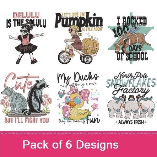 Playful Kids Embroidery Designs Bundle – Pumpkin Biker Girl, Halloween Witch, Cute Duck & More (6 Designs)