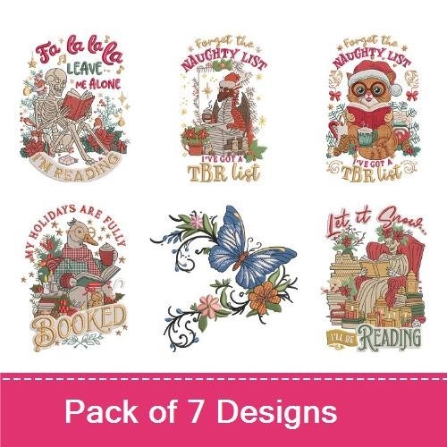 Cozy Reading Holiday Embroidery Designs Bundle – Skeleton Reading Holiday, Raccoon Reading, & More (7 Designs)