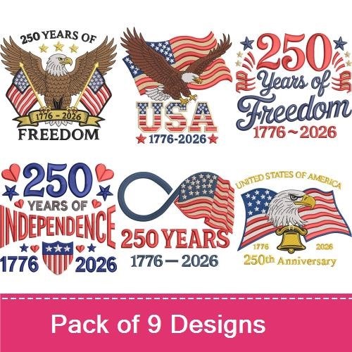 Patriotic Celebrations Embroidery Designs Bundle – 250 Years of Freedom, American Flag with Eagle & More (9 Designs)