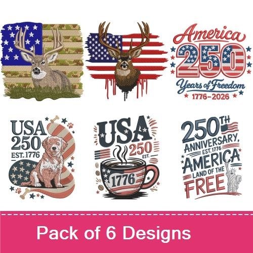 USA 250th Anniversary Embroidery Bundle – America 250 Years of Freedom, USA Coffee Mug, Deer with Flag & More (6 Designs)