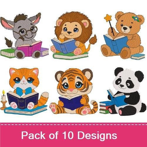 Cute Reading Animals Embroidery Designs Bundle – Elephant Reading, Cow Reading, Kitten Reading & More (10 Designs)