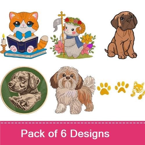 Cat & Dog Embroidery Bundle – Adorable Pets (6 Designs)