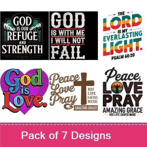 Inspirational Faith Quotes Embroidery Designs Bundle – God is Love, Peace, Love, Pray & More (7 Designs)