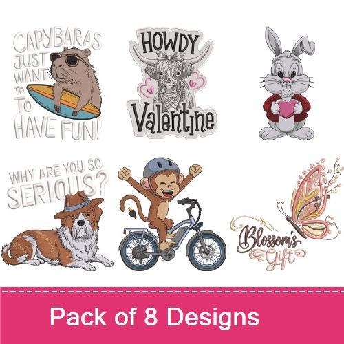 Capybara, Cow & Bugs Bunny Embroidery Bundle – Fun Characters (8 Designs)