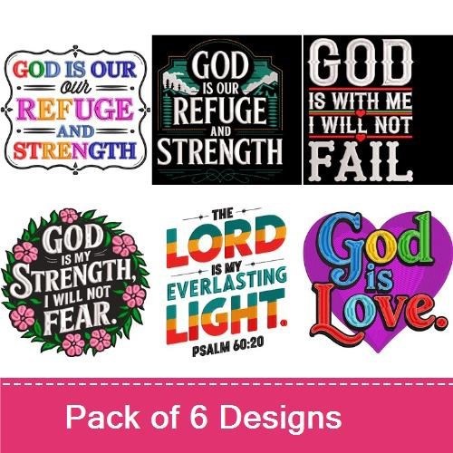 Inspirational Faith Quotes Embroidery Designs Bundle – God is Our Refuge, My Everlasting Light, God is Love & More (6 Designs)