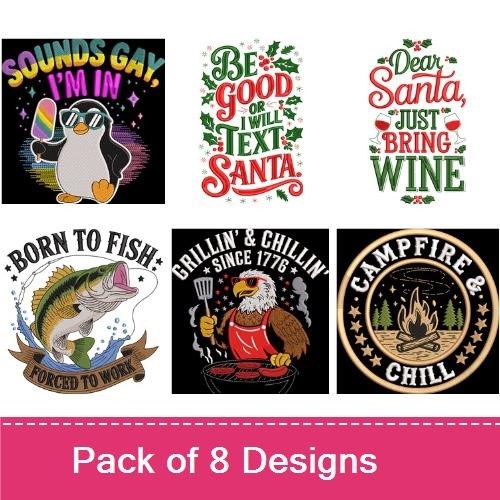 Funny Relaxation Embroidery Designs Bundle – Sloth in Hammock, Napping Cat, Gnomies & More (8 Designs)