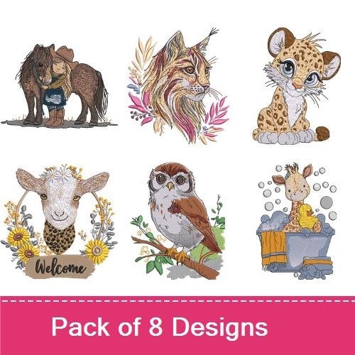 Wildlife Animal Embroidery Bundle – Lynx, Baby Leopard, Owl, Peacock & More (8 Designs)