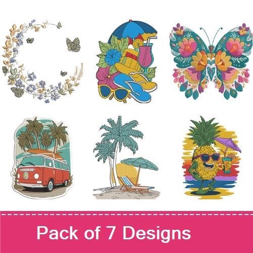 Summer Beach Embroidery Bundle – Palm Tree with Umbrella, Pineapple with Sunglasses, Beach Trip 2025 & More (7 Designs)