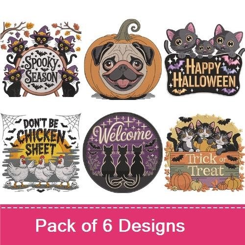 Halloween Embroidery Bundle – Spooky Pug & Cats (6 Designs)
