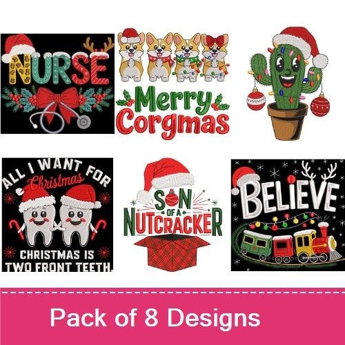 Festive Holiday Themes Embroidery Designs Bundle – Nurse Christmas, Merry Corgmas, Nutcracker & More (8 Designs)