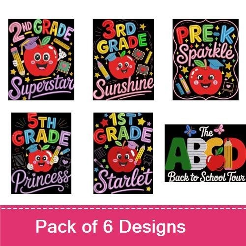 Back to School Grade Themes Embroidery Bundle – 2nd Grade Superstar, 3rd Grade Sunshine, Pre-K Sparkle & More (6 Designs)