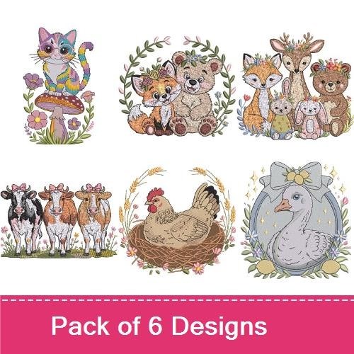 Woodland Animals Embroidery Bundle – Fox with Floral Crown, Bunny with Floral Crown, Deer with Floral Crown & More (6 Designs)