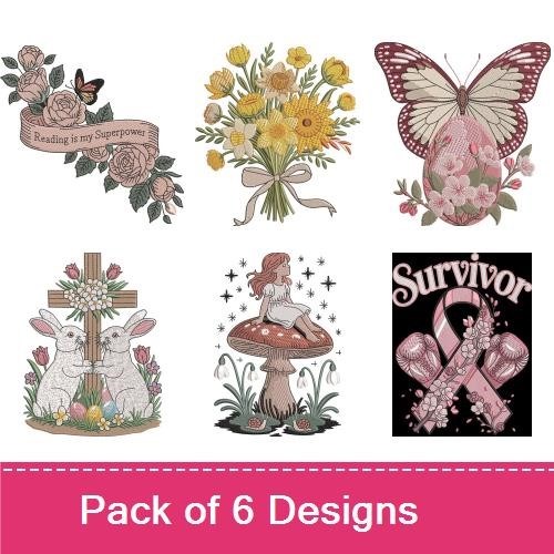 Springtime Bunny & Floral Embroidery Designs Bundle – Bunnies and Cross, Butterfly, Floral Arrangement & More (6 Designs)