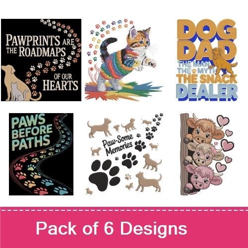 Pet Quotes & Silhouettes Embroidery Bundle – Pawprints, Dog Dad, Cat with Rainbow Colors & More (6 Designs)