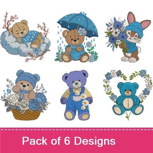 Teddy Bears & Bunnies Embroidery Designs Bundle – Teddy Bear with Umbrella, Blue Bunny with Flowers & More (6 Designs)