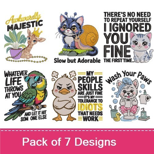 Animal Quotes Embroidery Designs Bundle – Awkwardly Majestic Giraffe, Slow but Adorable Snail, My People Skills are Just Fine & More (7 Designs)