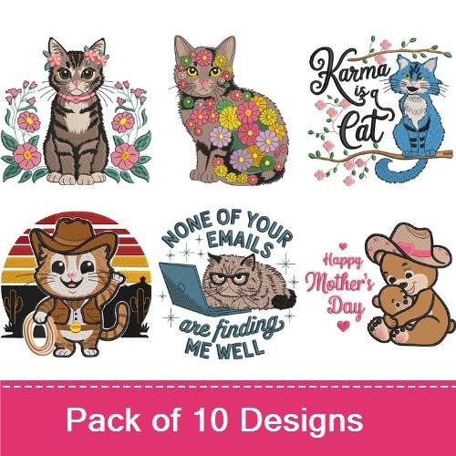 Cat & Bear Embroidery Bundle – Floral & Cowboy Themes (10 Designs)