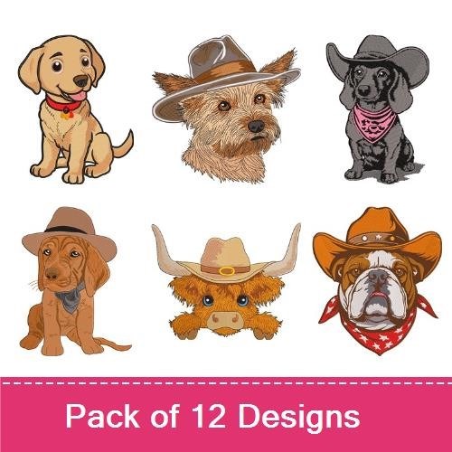 Dog & Highland Cow Embroidery Bundle – Cowboy Themes (12 Designs)