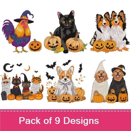 Halloween Animals Embroidery Bundle – Rooster, Cats, Dogs & More (9 Designs)