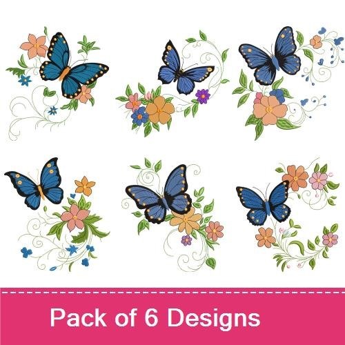 Blue Butterfly Embroidery Designs Bundle – Butterfly with Flowers, Floral Swirls & More (6 Designs)