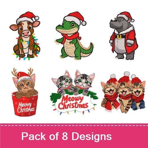 Cute Christmas Animals Embroidery Bundle – Deer, Cow, Crocodile, Dog & More (8 Designs)