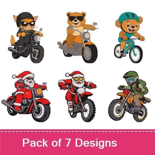 Biker Animals Embroidery Designs Bundle – Cat on Motorcycle, Bear on Bicycle, Santa, Elf & More (7 Designs)