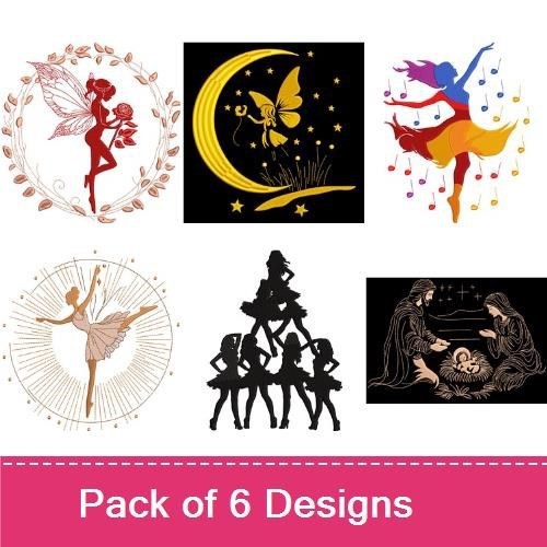 Fairy & Dancer Embroidery Designs Bundle – Fairy on Crescent Moon, Dancing Fairy Silhouette, Ballet Dancer Silhouette & More (6 Designs)