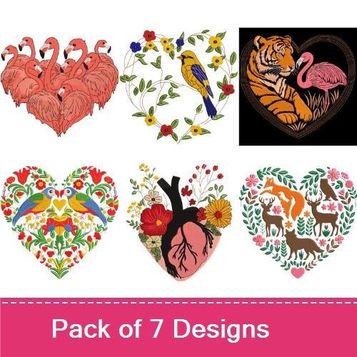 Floral & Animal Heart Embroidery Bundle – Floral Heart with Vines, Birds in Heart, Flamingo Heart & More (7 Designs)
