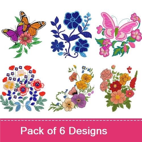 Floral & Butterfly Embroidery Bundle – Pink Butterfly with Flowers, Orange Butterfly with Flowers & More (6 Designs)
