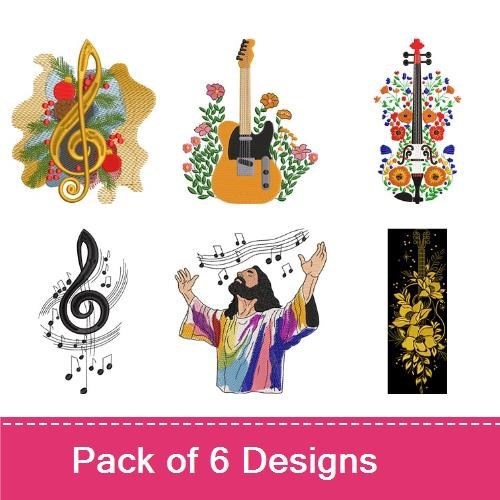 Musical Instruments & Notes Embroidery Bundle – Electric Guitar with Flowers, Colorful Musical Notes, Singer with Music Notes & More (6 Designs)